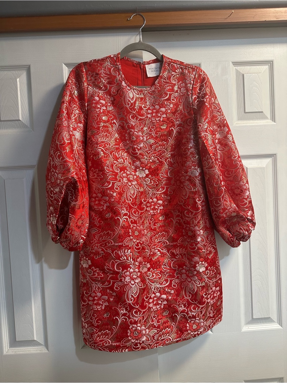 Red Floral Brocade Puff-Sleeve Cocktail Dress